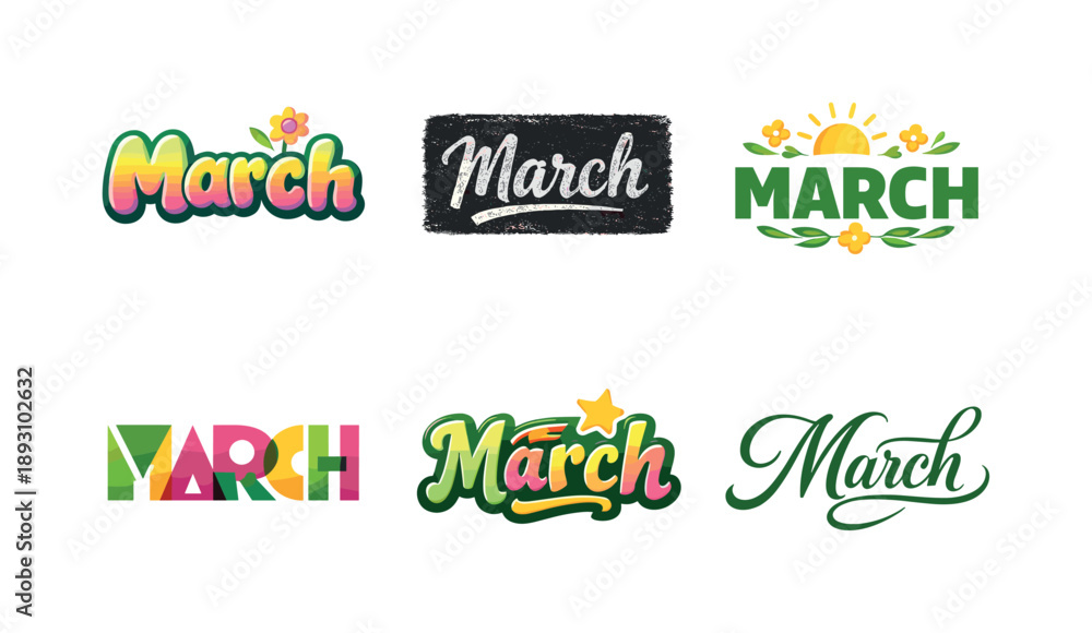 Fototapeta premium March Lettering Variations. March. Set lettering. harmonious lettering variations of the same emblematic concept, each with different artistic interpretation