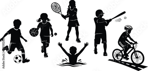Minimalist vector silhouettes of children playing soccer basketball tennis baseball cycling and swimming shown in dynamic action poses with side view high contrast black sports icons