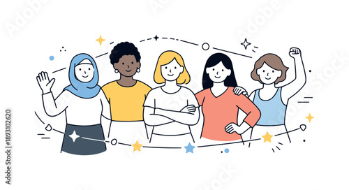 Empowering Women United. Empowered women. A group of diverse simple female characters standing together, connected by lines and small stars. The