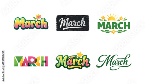 March Lettering Variations. March. Set lettering. harmonious lettering variations of the same emblematic concept, each with different artistic interpretation