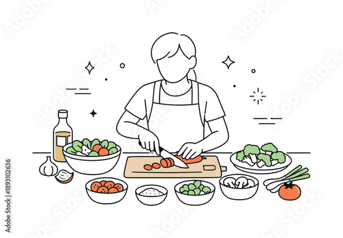 Minimalist Cooking Scene. Cooking from scratch. A person preparing fresh ingredients on a clean kitchen counter, chopping vegetables and arranging bowls. A