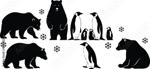 Minimalist silhouette vector of polar and grizzly bears with emperor penguins grouped in winter composition with snowflakes low angle layout monochrome contrast sideview center family isolated