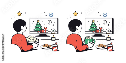 Cozy Movie Snack. Holiday movie night snacks. Person holding a bowl of popcorn or a mug of cocoa while watching the screen. Simple pleasures and relaxed