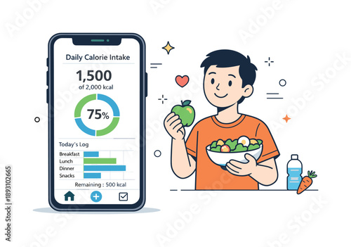 Calorie Tracking App. Daily calorie intake chart. A smartphone screen displaying calorie progress with a friendly character holding healthy food nearby. Sense