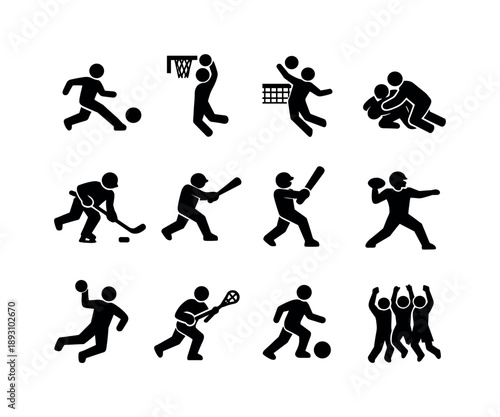 Team Sports Icons. Team Sports Motion. Solid icon set of Team Sports Motion: soccer kick, basketball dunk, volleyball spike, rugby tackle, hockey slapshot,