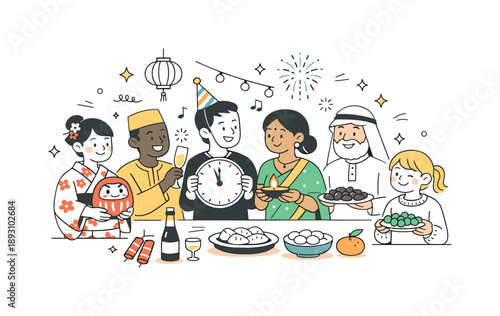Cultural New Year Celebration. Global New Year traditions. A group representing different cultures celebrating the New Year with food, lights, and symbolic