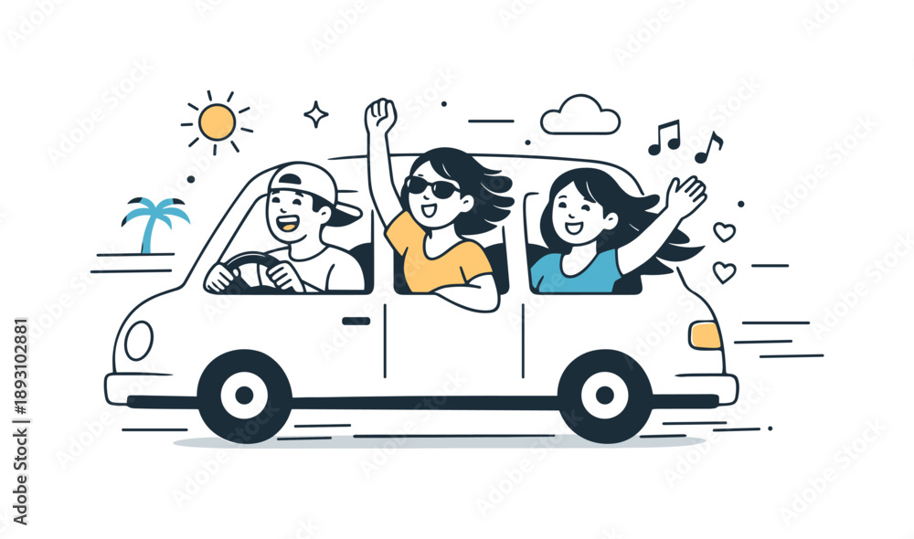 Naklejka premium Carefree Road Trip. Road trip vibes. Friends riding in a car with windows open, wind and motion lines around. Joyful energy, laughter, and carefree travel