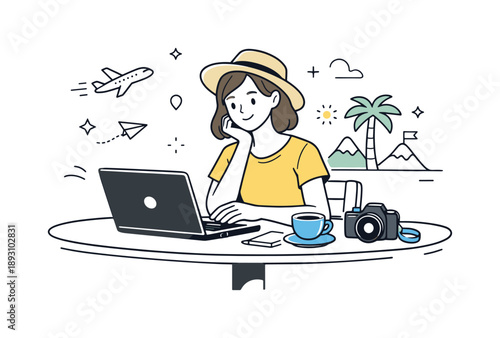 Travel Blogging Bliss. Blogging while traveling. A travel blogger sitting at a cafe with a laptop and camera on the table, soft smile and relaxed mood. Scene