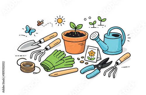 Gardening Tools Illustration. Hand tools for gardening scene. Tools placed casually but neatly, slight overlaps suggesting active use. Relaxed home gardening