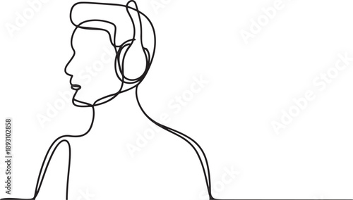 Man with headphones one line on a white background. one line Art icon drawing