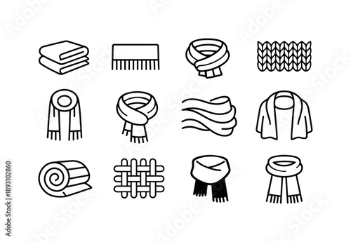 Wool Scarf Icons. Wool Scarf. Line icon set of Wool Scarf: folded wool scarf, scarf fringe ends, wrapped neck scarf, knitted wool texture, long hanging scarf,
