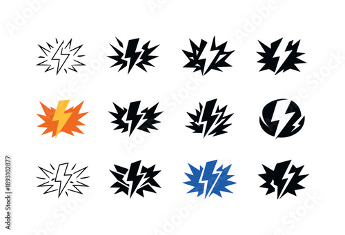 Power Surge Logos. Power surge metaphor. Icon set. Set Logo of power surge metaphor: lightning bolt burst. harmonious logo variations of the same emblematic