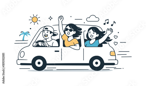 Carefree Road Trip. Road trip vibes. Friends riding in a car with windows open, wind and motion lines around. Joyful energy, laughter, and carefree travel