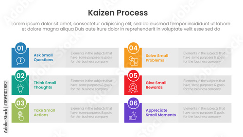 kaizen process infographic with long rectangle shape symmetric with 6 step points for slide presentation