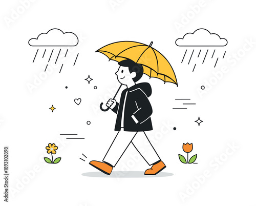 Spring Umbrella Stroll. April showers mood. A character walking with an umbrella, soft clouds and rain lines creating gentle movement. Friendly editorial scene