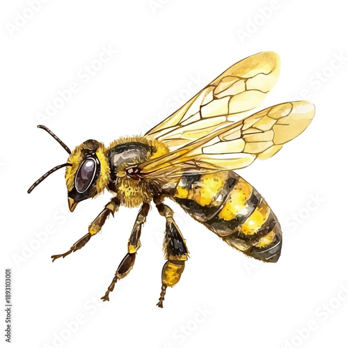 Bee, watercolor painting with colorful accents, isolated on a white background.