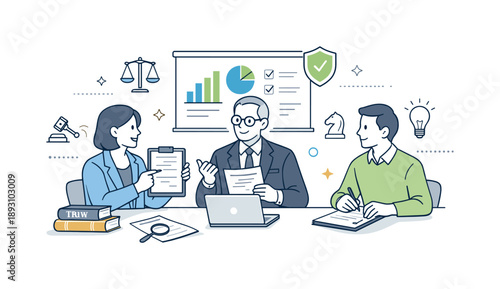 Strategic Legal Collaboration. Corporate legal advisors at work ? compliance and strategy. Team discussing regulations and business strategy using charts and