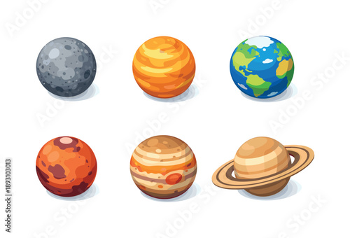 Solar System Icons. Solar System. Isometric flat vector icons set of Solar System: Mercury model, Venus model, Earth model, Mars model, Jupiter model, Saturn