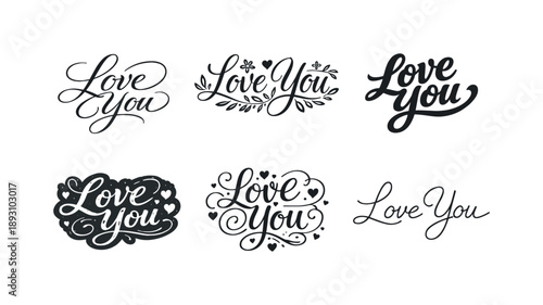 Romantic Lettering Variations. Romantic love card headings. Set lettering. harmonious lettering variations of the same emblematic concept, each with different