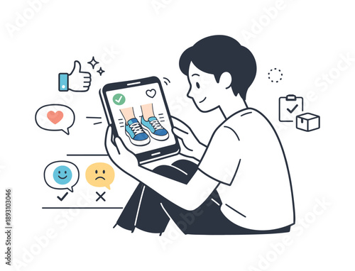 Virtual Shoe Try-On. Online shoe try-on. A person looks at a phone showing virtual sneakers placed on their feet. Simple decision making, comfort, clean