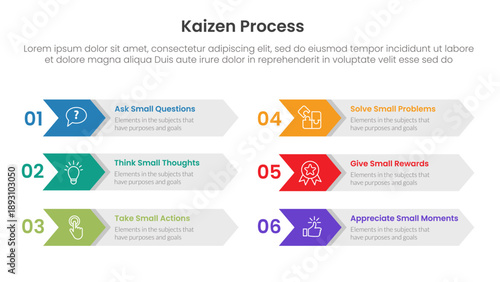 kaizen process infographic with box table arrow shape with 6 step points for slide presentation