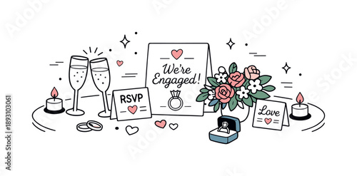 Elegant Engagement Setup. Romantic engagement gathering. Decorated table with flowers, cards, and glasses prepared for an engagement party, calm and elegant
