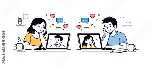 Virtual Loving Connection. Long distance relationship scene. Two partners sitting in different rooms, smiling at each other through a laptop screen. Warm