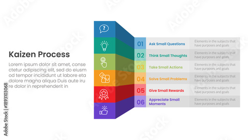 kaizen process infographic with 3d shape box information with 6 step points for slide presentation