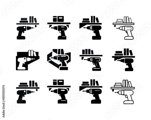 Shelf Installation Icons. Installing shelves. Icon set. Set Logo of Installing shelves: drill and shelf. harmonious logo variations of the same emblematic
