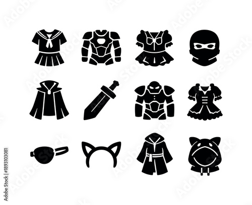 Anime Costume Icons. Comic and Anime Costumes. Solid icon set of Comic and Anime Costumes: anime school uniform, armored hero suit, magical girl outfit, ninja