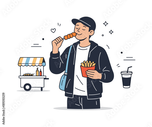 Street Food Bliss. Street food scene enjoyment. Person eating street food while standing, relaxed posture and content expression. Casual pleasure and everyday