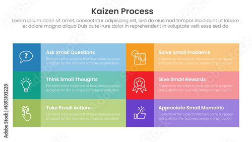 kaizen process infographic with long rectangle box shape table information with 6 step points for slide presentation