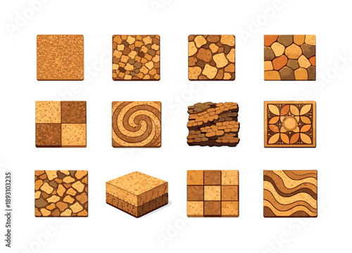 Colorful Cork Textures Icons. Cork textures. Colorful flat vector icons set of cork textures: fine-grain cork, medium-grain cork, coarse cork, cork mosaic,