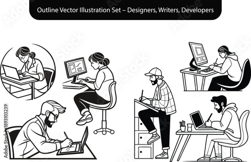 Outline Vector Illustration Set – Designers, Writers, Developers
