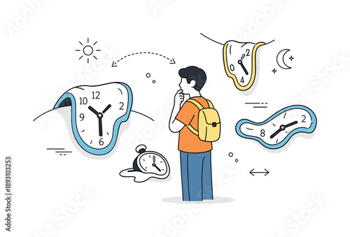 Elastic Time Vision. Distorted time perception. A character observing warped or melting clock shapes in the environment. Gentle representation of subjective