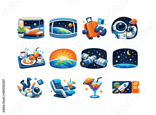 Orbital Vacation Icons. Orbital vacation. Colorful flat vector icons set of Orbital vacation: orbital hotel room, panoramic space window, floating luggage,