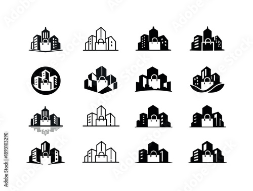 Mixed-Use Complex Logos. Mixed-use complex. Icon set. Set Logo of mixed-use complex: skyline with mixed icons. harmonious logo variations of the same
