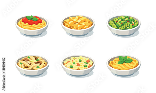 Pasta Bowl Variety. Pasta bowl. Isometric flat vector icons set of pasta bowl: spaghetti with tomato sauce, penne with cheese, fusilli in pesto, tagliatelle