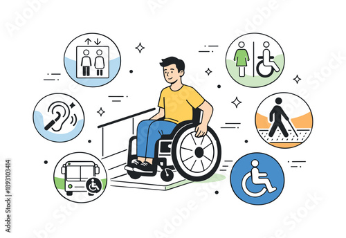 Accessible Independence Illustration. Wheelchair accessibility equality. Wheelchair user confidently navigating space with accessibility icons around. Dignity,