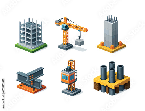 Isometric Construction Grid. Skyscraper construction. Isometric flat vector icons set of Skyscraper construction: high rise building frame, tower crane