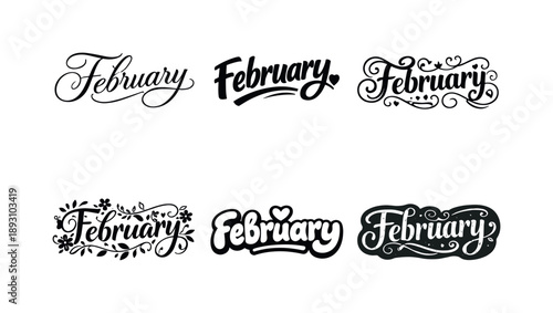 February Lettering Variations. February vibes. Set lettering. harmonious lettering variations of the same emblematic concept, each with different artistic