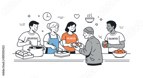 Soup Kitchen Volunteers. People volunteering in soup kitchen together. Volunteers serving warm meals across a counter to visitors. Calm compassion, care, and