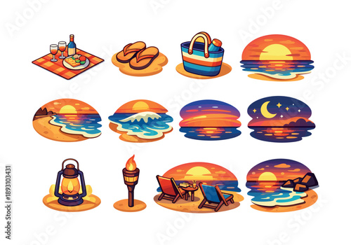 Summer Beach Sunset Icons. Summer Evening Beach. Colorful isometric vector icons set of Summer Evening Beach: warm sunset tones, beach picnic blanket, sandals