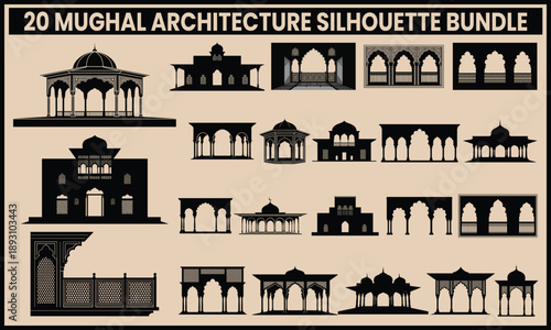 Collection of mughal architecture silhouettes isolated on white background, Vector