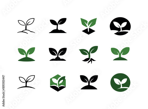 Versatile Seedling Logos. Seedling. Icon set. Set Logo of Seedling: young plant sprout. harmonious logo variations of the same emblematic concept, each with