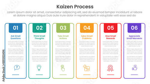 kaizen process infographic with outline tall box creative header badge with 6 step points for slide presentation