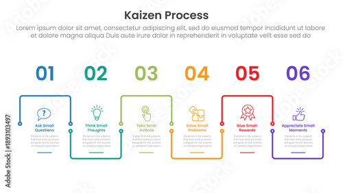 kaizen process infographic with outline square up and down linked cycle with 6 step points for slide presentation