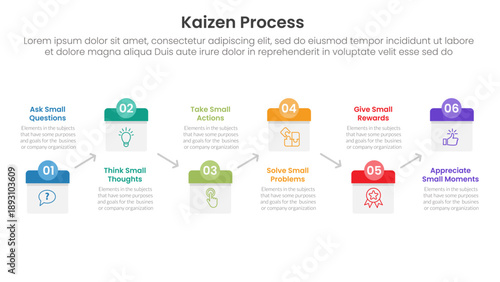 kaizen process infographic with calendar date style up and down with 6 step points for slide presentation