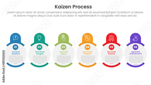 kaizen process infographic with creative circle and round header on horizontal direction with 6 step points for slide presentation