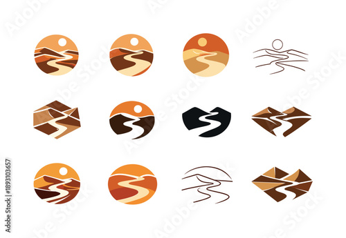 Desert Logo Variations. Vast desert. Icon set. Set Logo of vast desert: winding dune paths from above. harmonious logo variations of the same emblematic